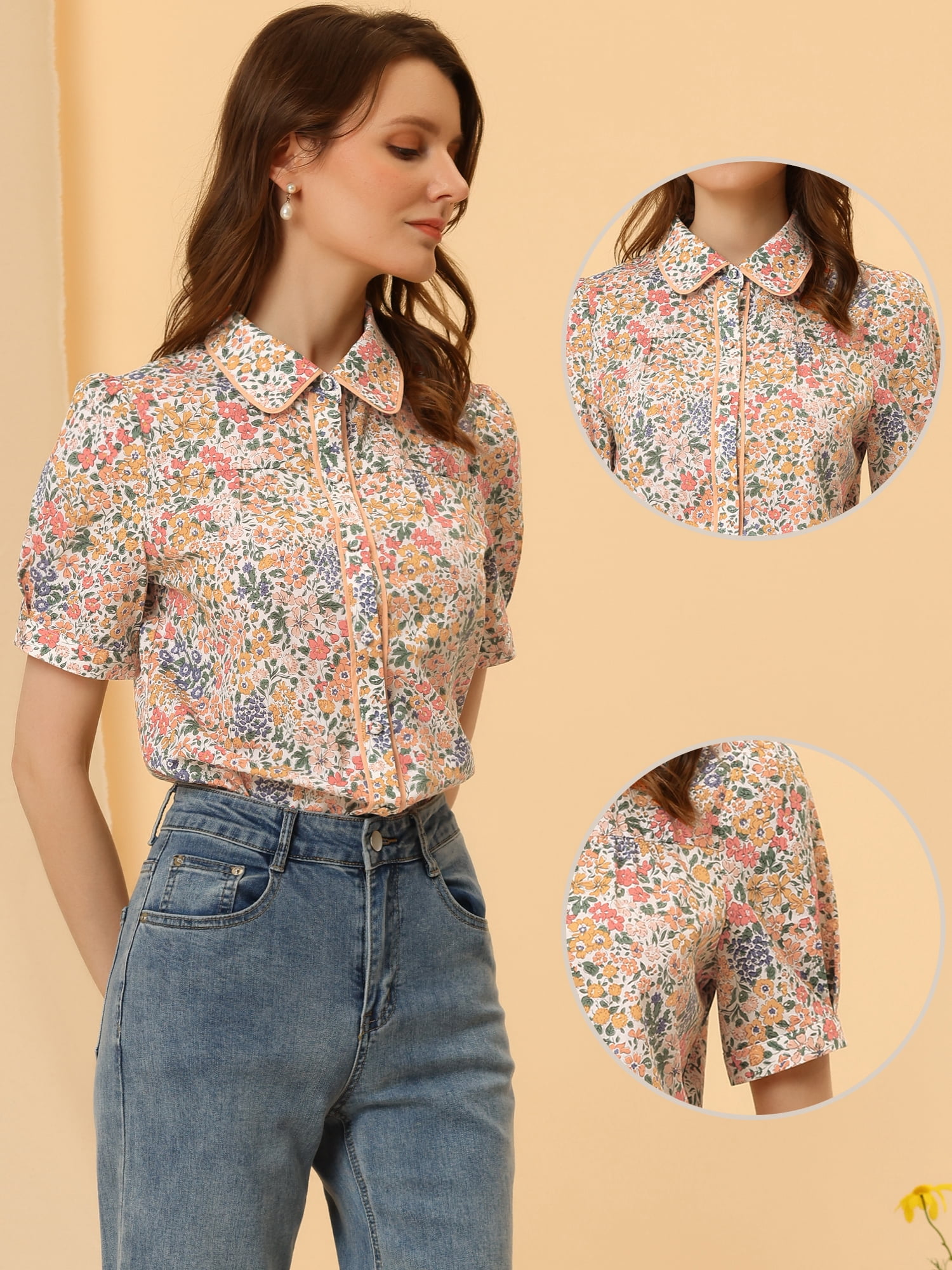 DARING DIVA Contrast Trim Puff Sleeve Peasant Shirt M White
