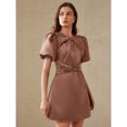 thumbnail image 3 of Coffee Satin Mini Dress With Puff Sleeves, Bow Neck, Cutout V-Neck And Ruched Waist, 3 of 7