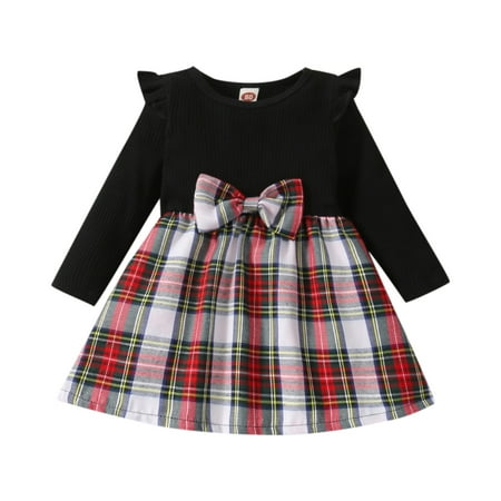 

Easter Dress for Baby Toddler Kids Girls Long Sleeve Ribbed Plaid Princess Dress