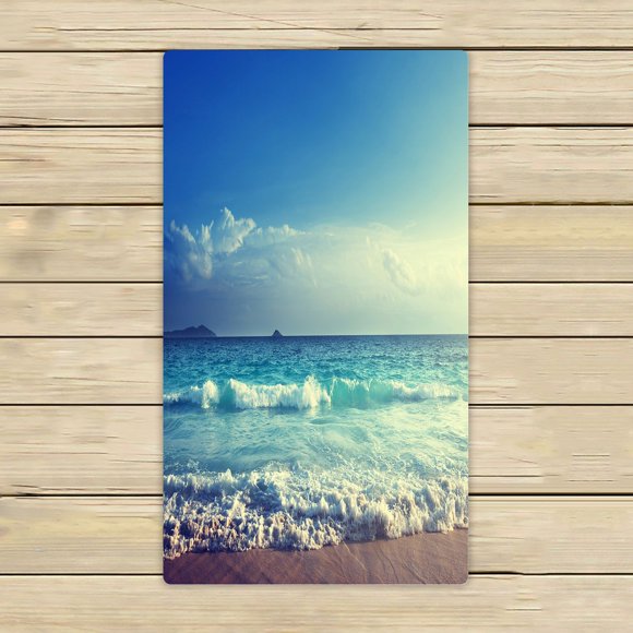 BSDHOME Serviette Vague Océan, Plage des Seychelles à l'Heure du Coucher de Soleil, Serviette à Main Bleu Marine et Blanche Serviettes de Bain Salle de Bain Douche Serviette de Plage 16x28 Pouces