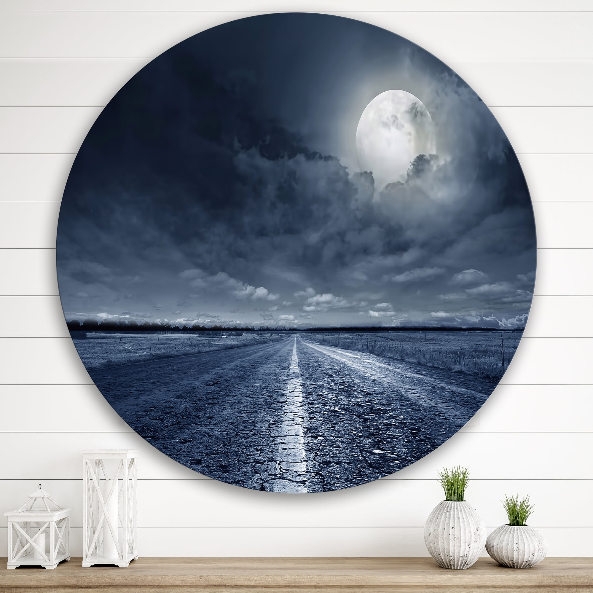 Designart 'Cloudy Full Moon Over Asphalt Road I' Nautical & Coastal Circle Metal Wall Art 29x29 - Disc of 29