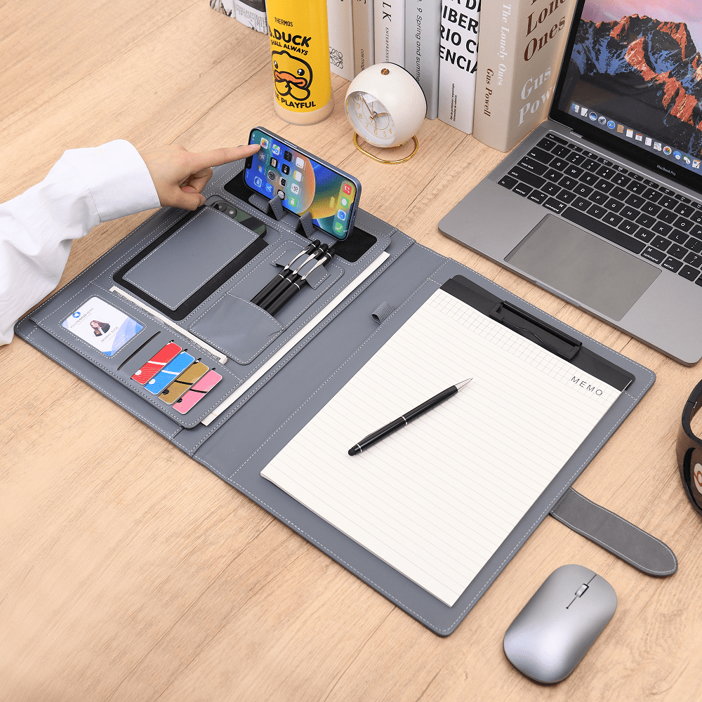 Wason Portfolio Padfolio A4 Leather Holder File Document Case with Writing Pad and Removable Clipboard for Organizer Office School Travel (Grey)