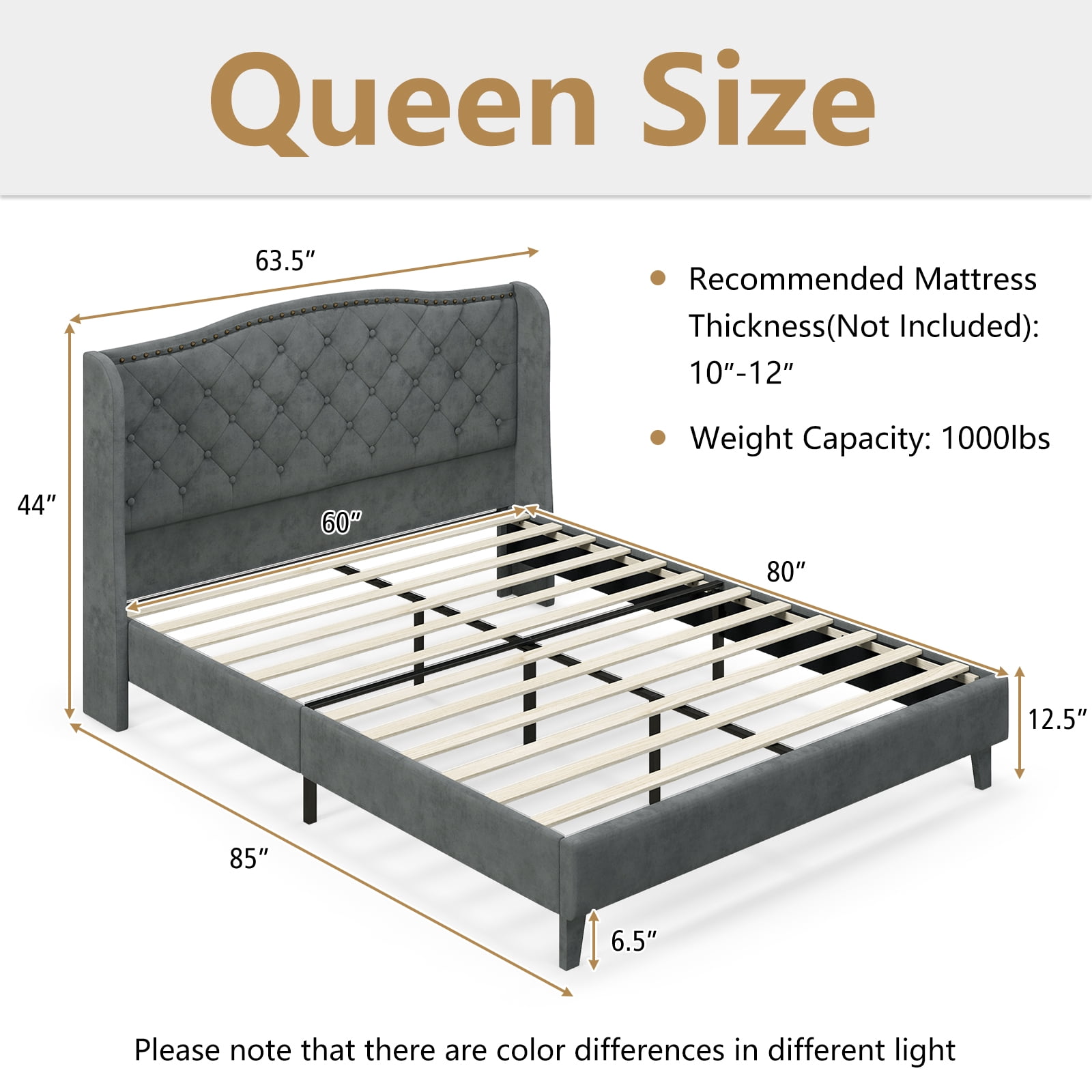 Infans Queen Upholstered Platform Bed Frame W/ Button Tufted Headboard Noise-free