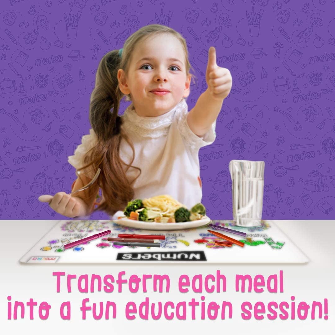 merka Alphabet Placemats for Kids Placemat Toddler Placemats for Dining Table Letters and Numbers Set of 4 Mats with 7 Dry Erase Markers for Ages 2 and Up