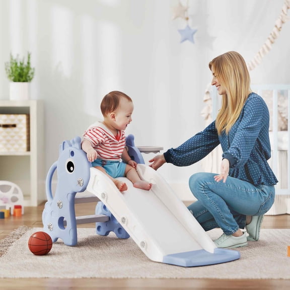 Qaba 3-in-1 Toddler Slide, Kids Slide with Climber, Basketball Hoop and Ball, Giraffe Shape Freestanding Playset for Indoor Kids 1-3 Years, Blue
