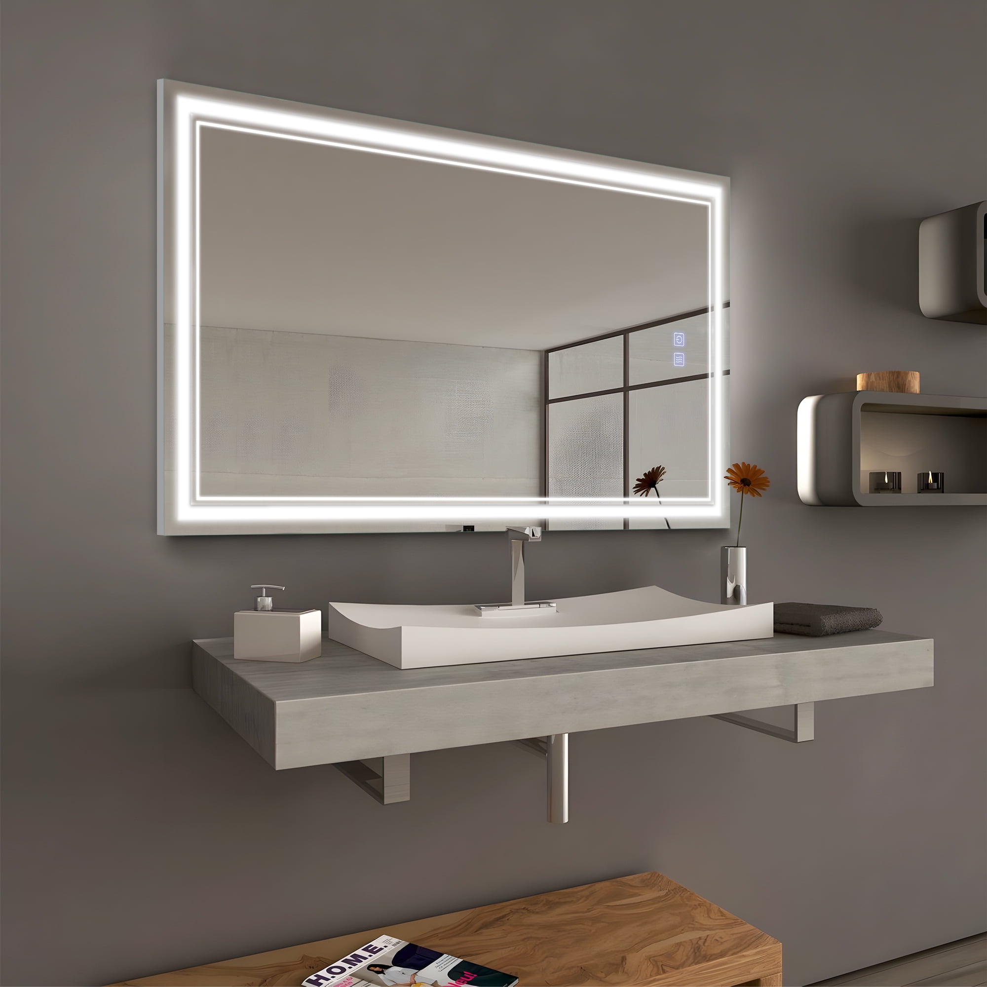 59"x35" LED Ring Wall Mounted Bathroom Mirror Modern Rectrangle Vanity Mirror with Anti-Fog,Silver