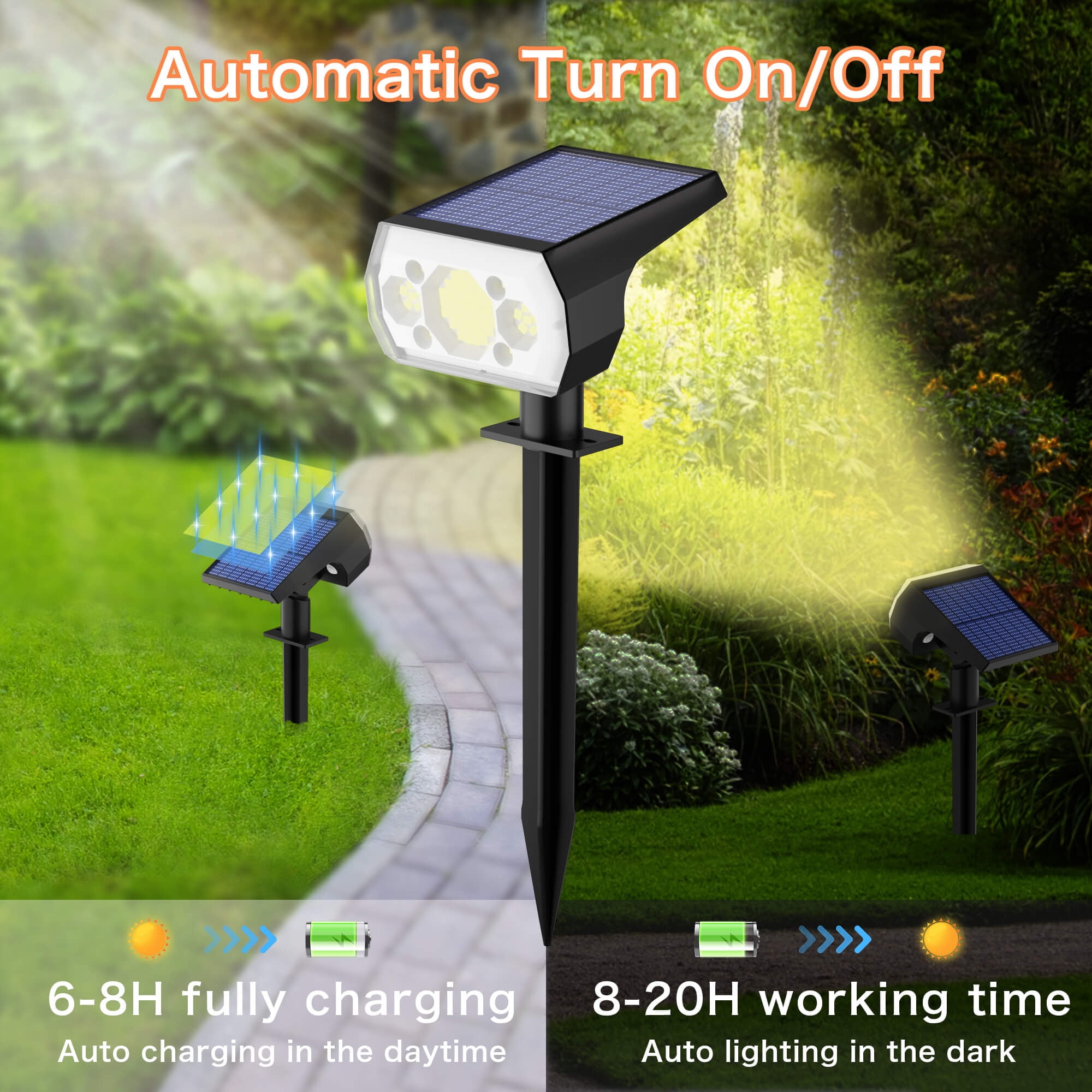CHARKEE Solar Spot Lights Outdoor,3 Lighting Modes/64 LED Solar Powered Spotlights for The Garden Tree Wall Yard Decor
