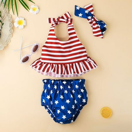 

Baby Girls 6M-24M Sleeveless Independence Day 4th-of-July Stars Striped Printed Backless Vest Tops Shorts Headbands Outfits