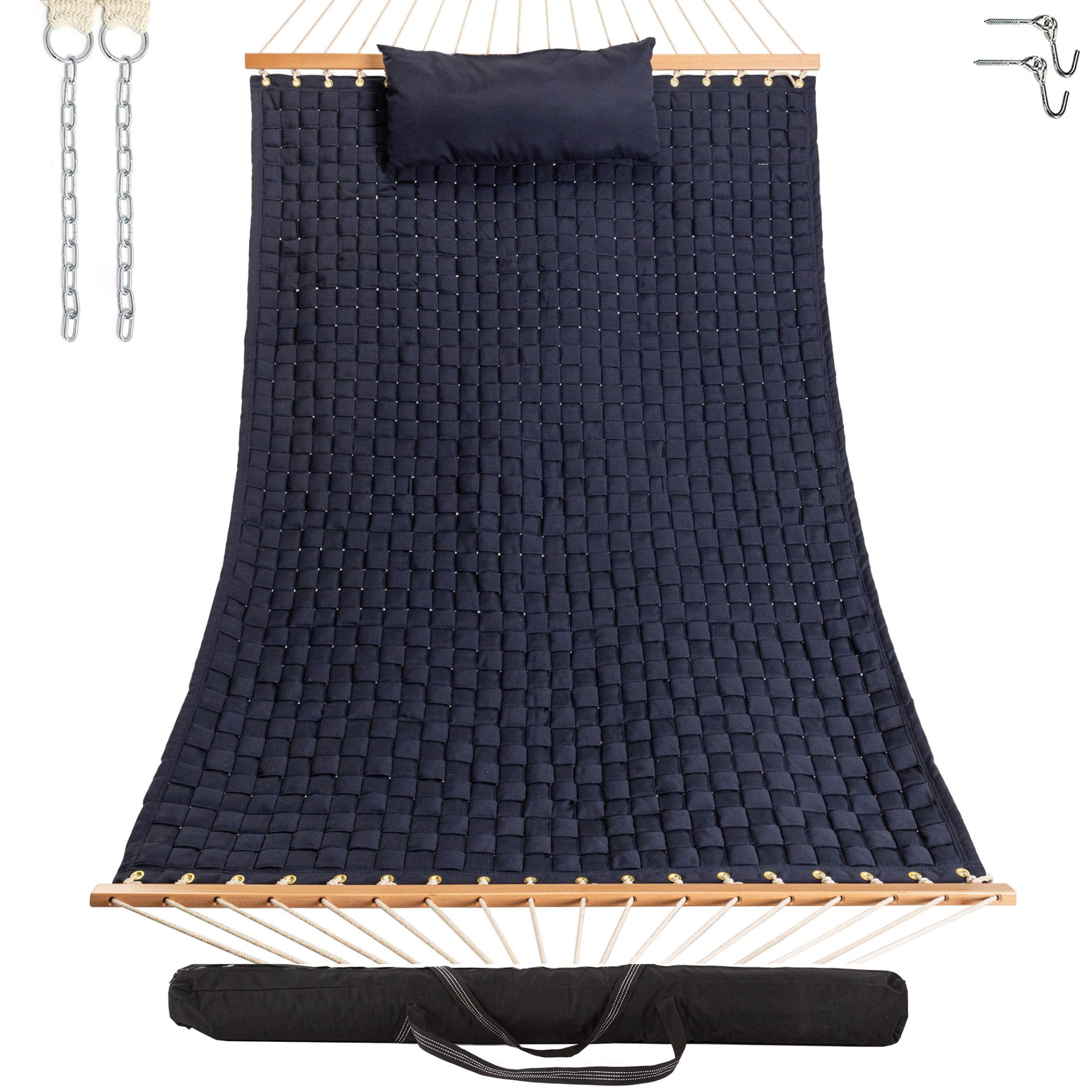 Castaway Living 13 ft. Large Navy Soft Weave Hammock with Pillow, Free Extension Chains, Tree Hooks & Storage Bag