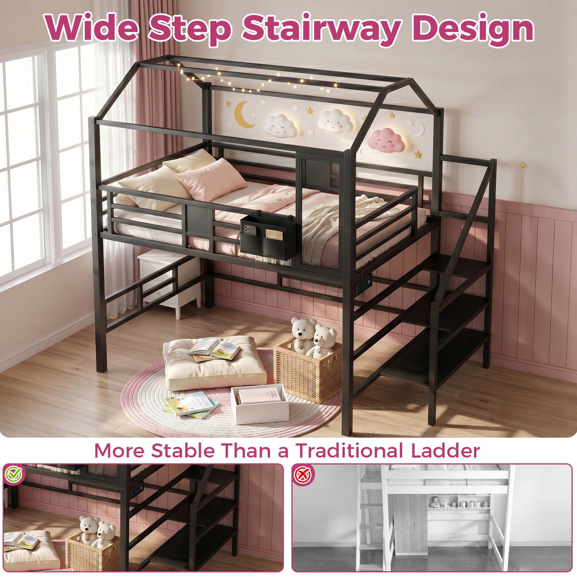 Miniyam Full Size Bunk Bed with Stairs, House Bed Design with Charging Station and Storage Bag Led Light, Black