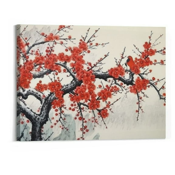 Creowell  Asian Decor Chinese Painting Wall Art Oriental Red Plum Blossom Canvas Pictures for Bedroom Wall Decor Chinese Ink Painting Home decor for Living Room Modern Artwork 20x16 inch