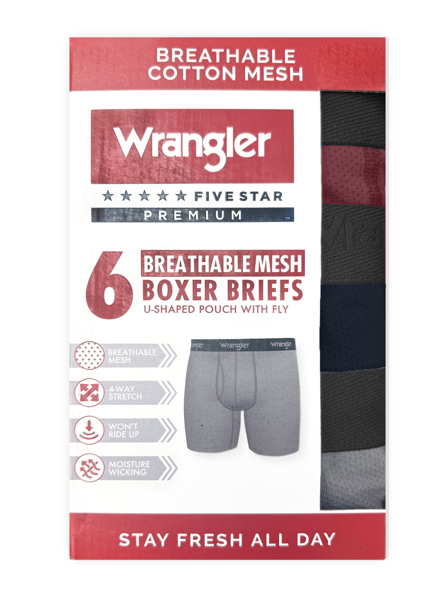 Wrangler 6" Active Cotton Stretch Mesh Boxer Briefs for Men, Small, Tibetan Red/Navy/Charcoal, 6-pack