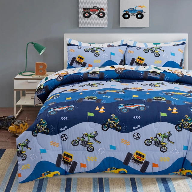 Juego de ropa de cama A Nice Night Cartoon Car para niños, doble, azul oscuro