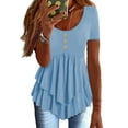 thumbnail image 2 of Fanxing Women V Neck Tunics Short Sleeve Ruffle Tiered Layered Flowy Blouses Slim Fitted T-Shirts Basic Tees 2025 Summer Going Out Tops Sky Blue,L, 2 of 7