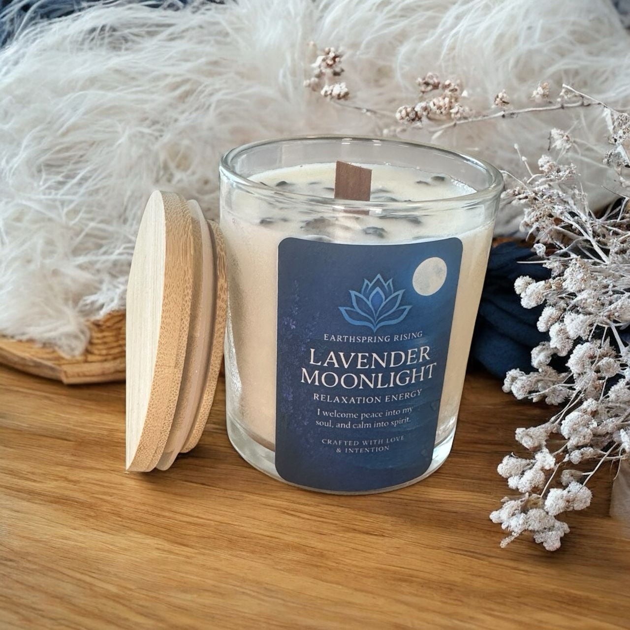 Lavender Moonlight Candle – Lavender, Chamomile, Ylang Ylang & Vanilla | 10oz Soy Wax Wood Wick Candle with Wood Lid | 50-Hour Burn Time