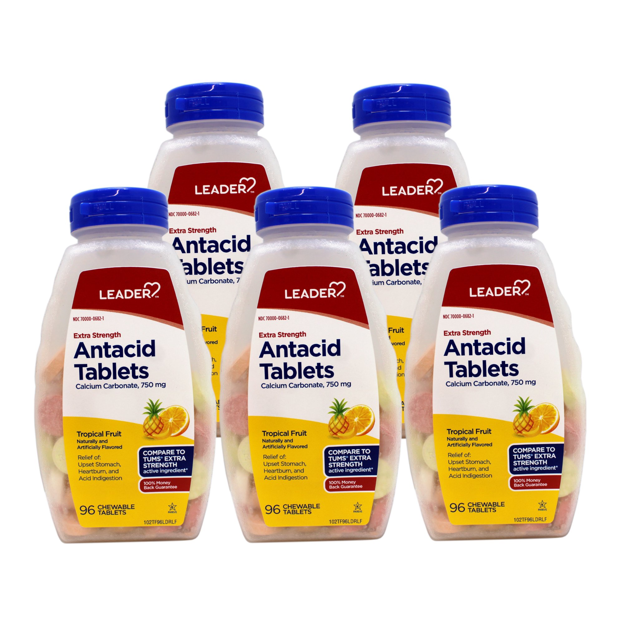 5 Pack - Leader Extra Strength Antacid Chewable Tablets, Fast Relief of Heartburn and Acid Indigestion Reflux, Tropical Fruit, 96 Count