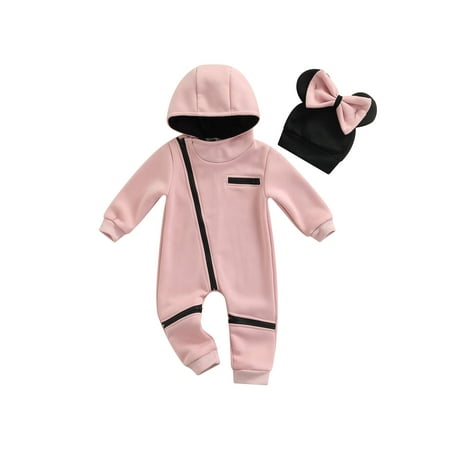 

Bebiullo Infant Baby Girls Jumpsuit Hoodie Romper Zipper Long Sleeve One Piece Warm Clothes+Bow Hat 2PCS Outfit