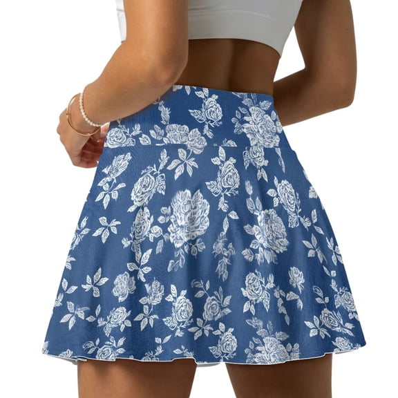 Xoenoiee Blue Rose Flower Print Women's High Waisted Pleated Tennis Skirts with Pockets Inner Shorts Lightweight Athletic Golf Skorts for Women, S