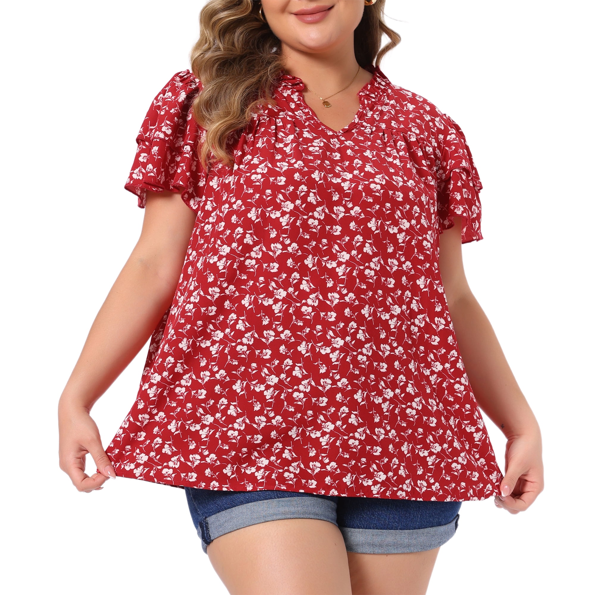 DARING DIVA Women's Plus Summer Ruffle V Neck Double Short Tops 4X Red