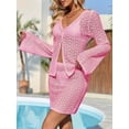 thumbnail image 3 of Womens Crochet 2 Piece Cover Up V Neck Bell Sleeve Button Cardigan Sheer Mesh Beach Mini Skirt Coverup Set, 3 of 5