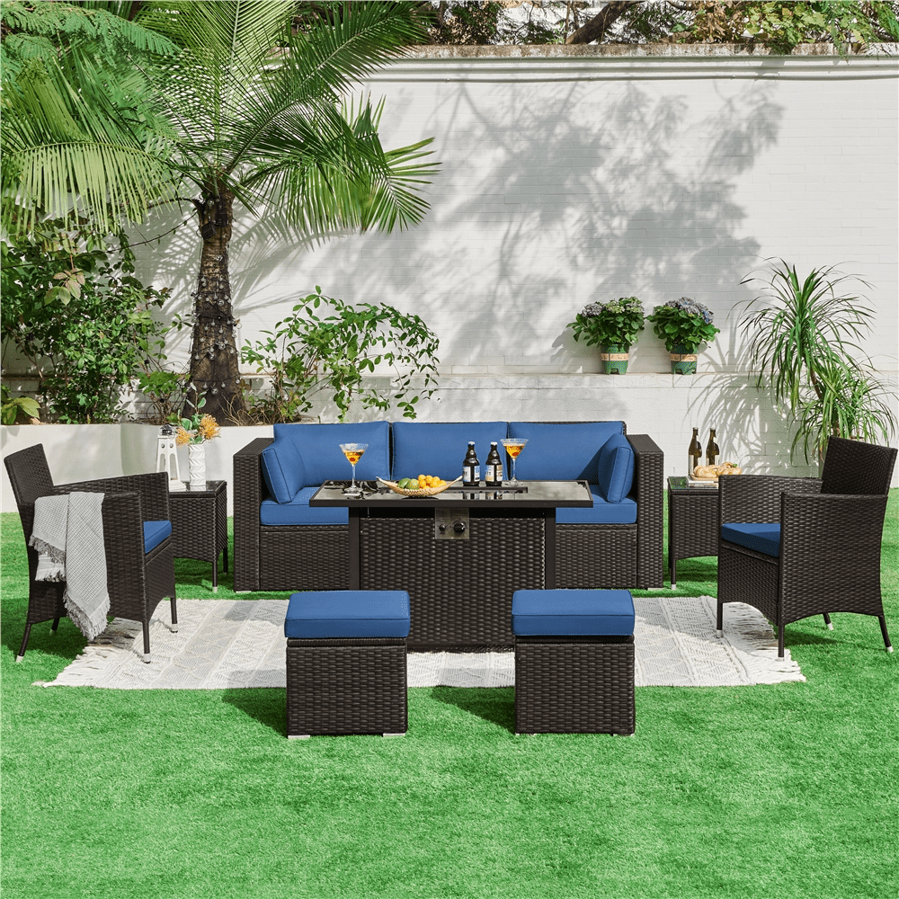 Alden Design 3-Seater Patio Resin Wicker Sofa with Throw Pillows for Yard, Brown/Dark Blue