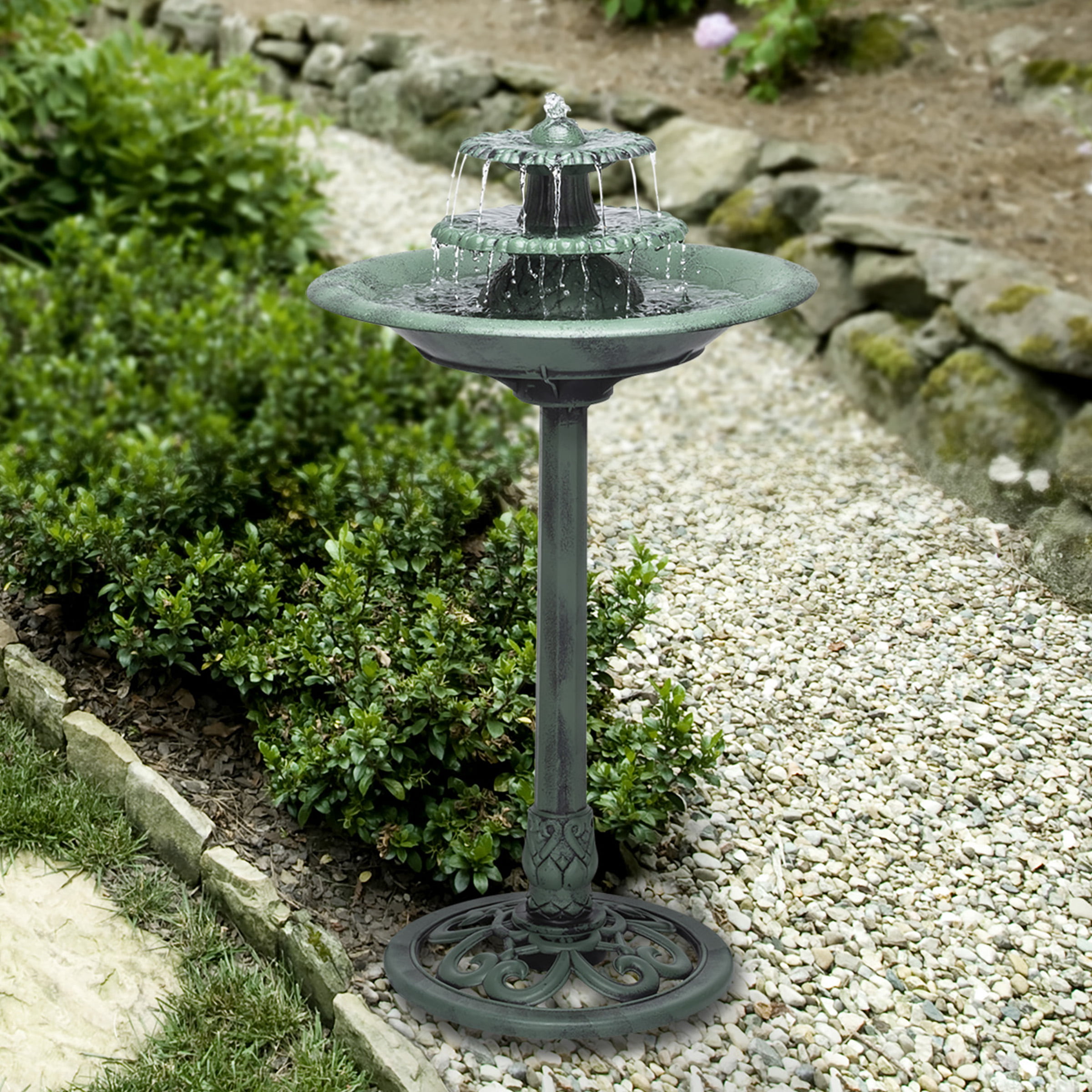 Bronze Finish Alpine Three-Tiered Classic Pedestal Garden Water Fountain and Birdbath 36 Inch Tall TEC106-BZ 