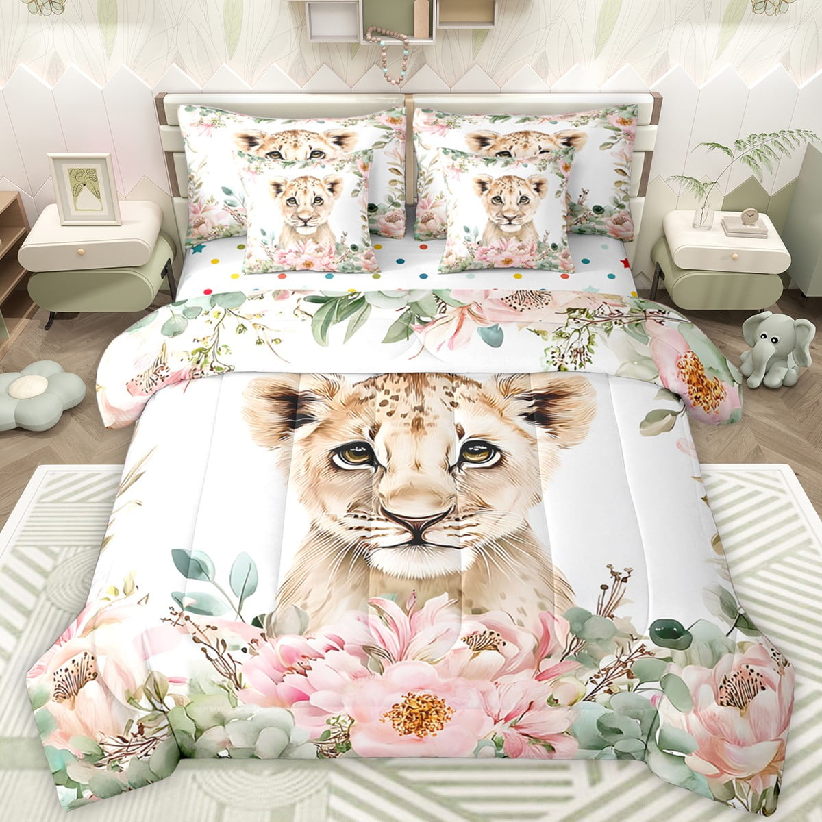 Castle Fairy Boys Girls Animal Lion Bedding Comforter Set 7 Pieces Chic Floral Rose Full Bedding Set Lightweight Jungle Wildlife Fitted Sheet Flat Sheet Breathable Home Decor Reversible