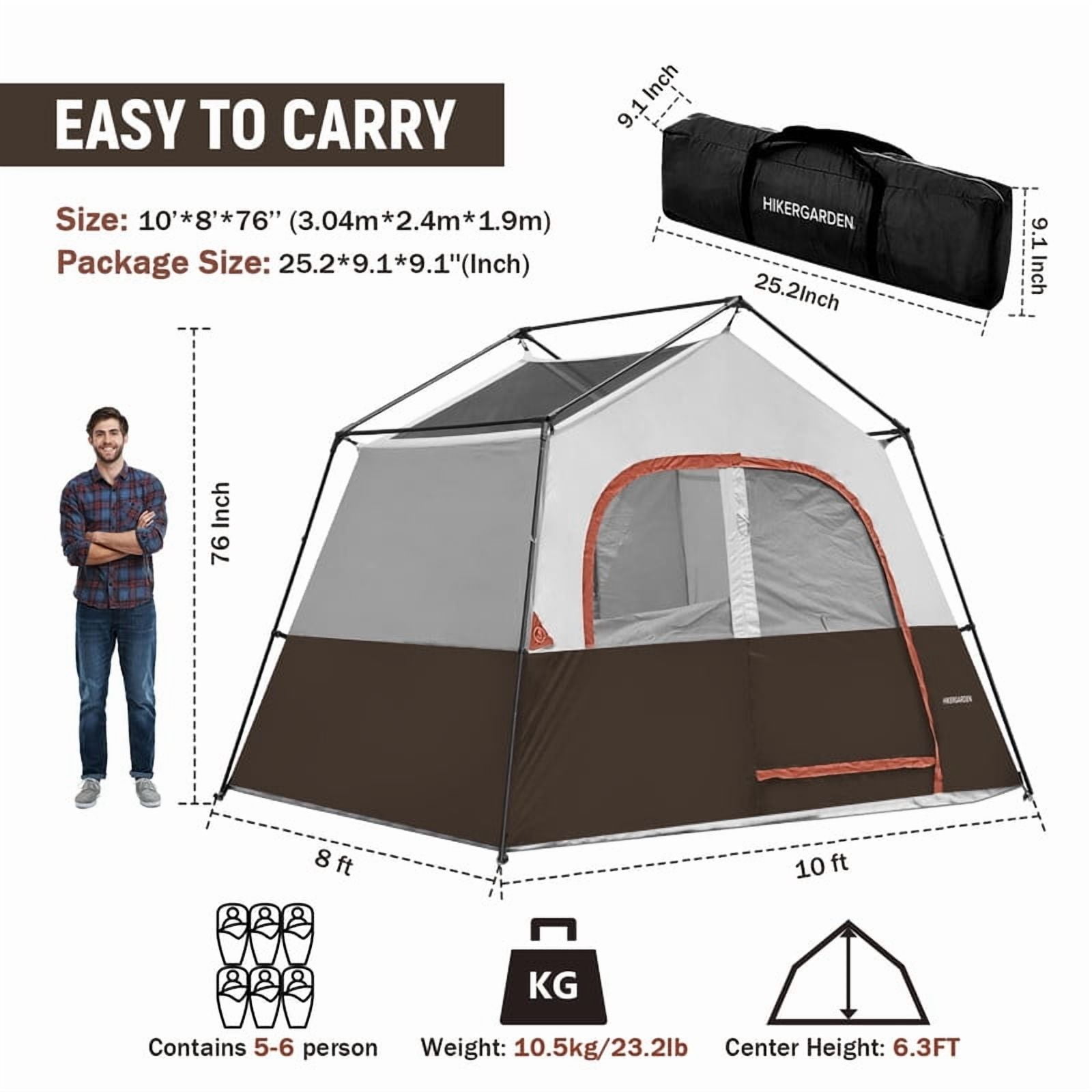 HIKERGARDEN 6 Person Camping Tent - Portable Easy Set Up Family Tent for Camp, Windproof Fabric Cabin Tent Outdoor for Hiking, Backpacking, Traveling