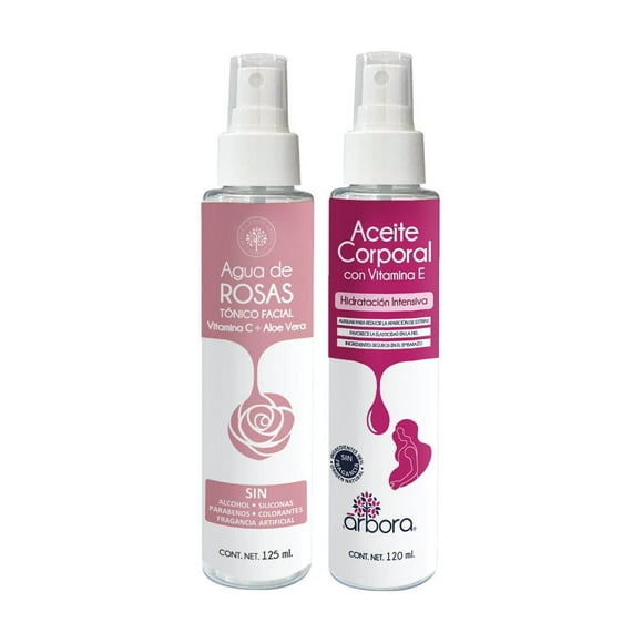 Kit Cuidado Intensivo Árbora Aceite Corporal y Agua de Rosas beige con Vitamina E, Aloe Vera y Vitam