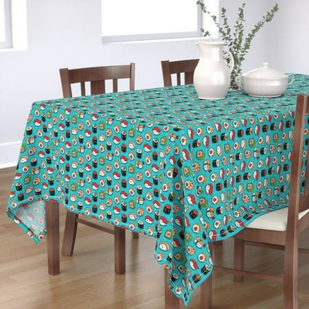 

Cotton Sateen Tablecloth 70 x 144 - Kawaii Cute Sushi Food Print Japanese Aqua Blue Fish Cartoon Print Custom Table Linens by Spoonflower