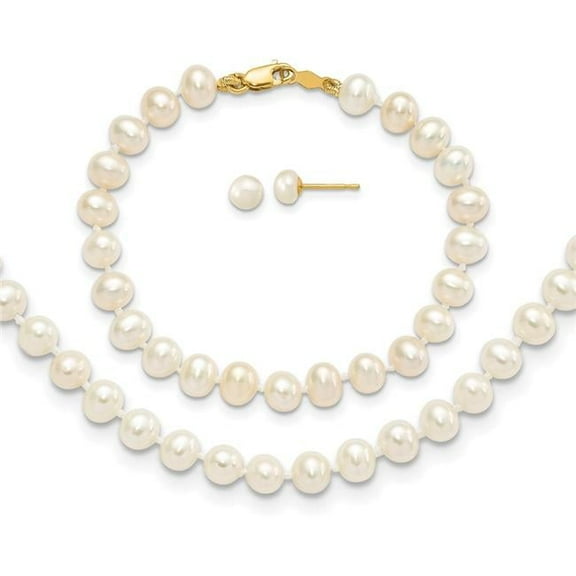 G & W 14k 4-5mm White Freshwater Cultured Pearl 14 inch Necklace, 5 inch Bracelet and Post Earrings Set