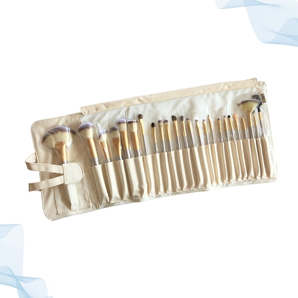 unbranded 24Ud De Brochas De Maquillaje Beige Con Estuche Portátil Aluminio Y Madera Para Uso Cosmético