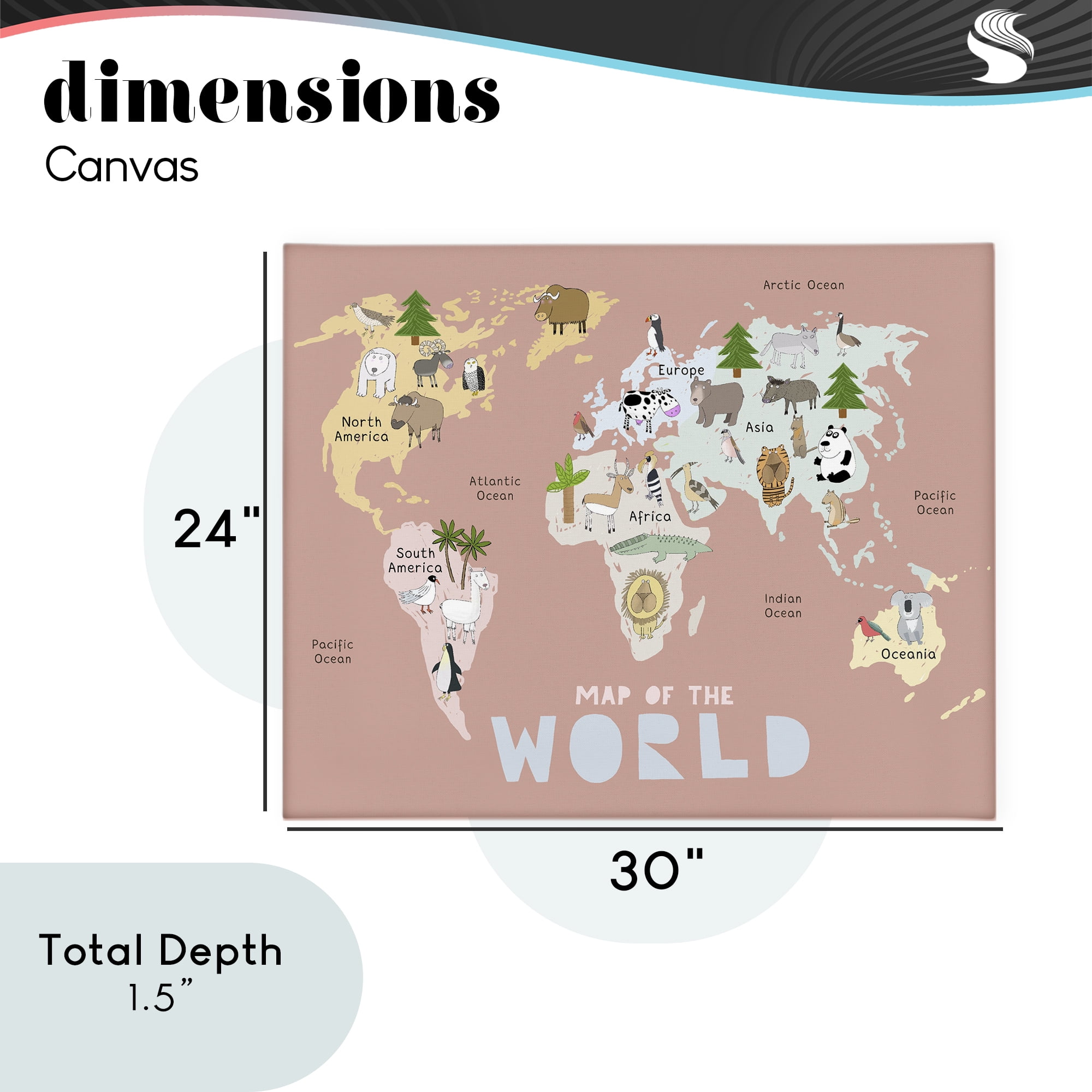 Kid's Map Of World Pink Canvas Wall Art, design by Carla Daly