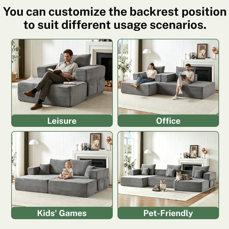 Single-Seater Upholstered Lazy Sofa, Floor Lounge Chair with Back Cushion & Throw Pillow, Oversized Chaise Lounge with Pockets
