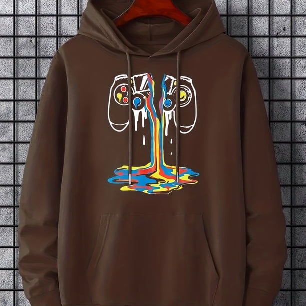 Estampado De Gamepad Roto, Sudadera Con Capucha Gráfica Para Hombre, Cómodo Suéter Con Capucha Suelto Con Cordón De Moda