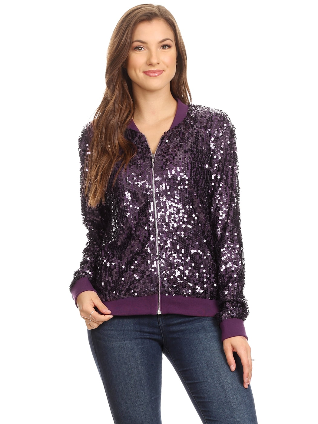 Anna-Kaci Womens Sequin Long Sleeve Front Zip Jacket with Ribbed Cuffs 