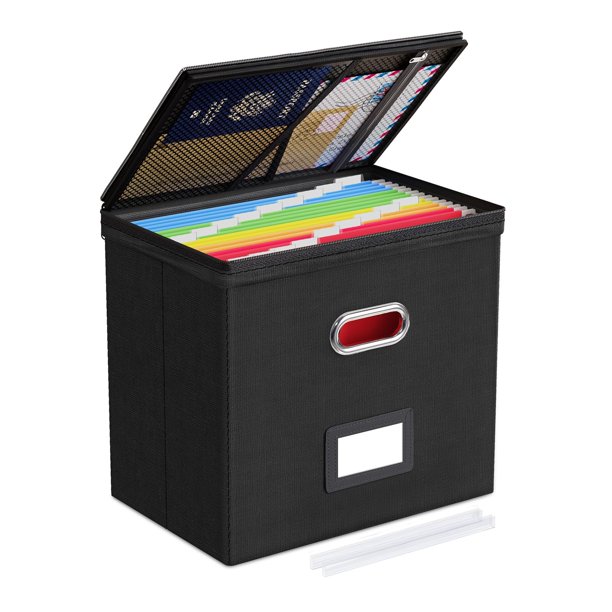 Caja organizadora de archivos Oterri con tapa y bolsillos de malla, color negro