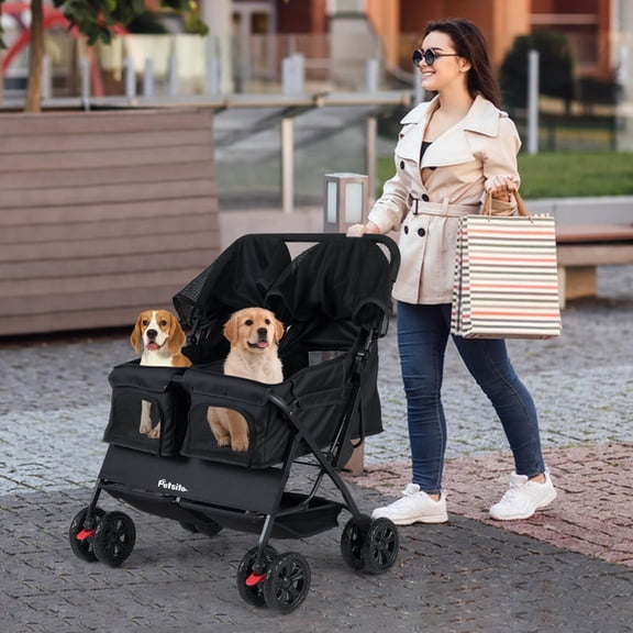LYYHTY Double Pet Stroller, 2-Seater Carrier with Adjustable Sunshade, Removable Washable Pad, Rust-Resistant Aluminum Alloy Frame, Folding Design for Small Dogs & Cats