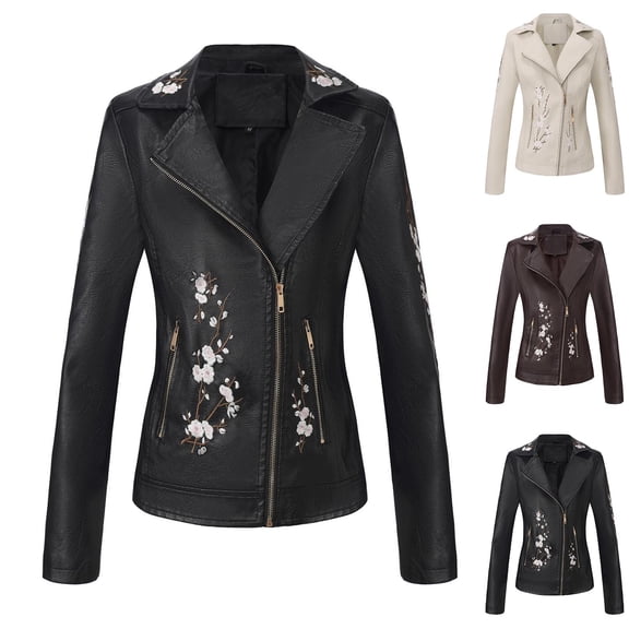 Women's Embroidered Faux Leather Jacket Floral Lightweight Moto Punk Coat Fall Casual Biker Slim Fit Outwear