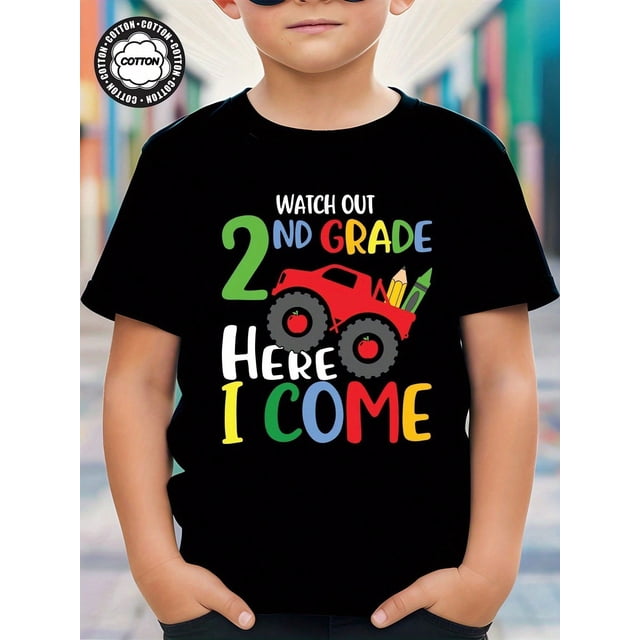 Boys' 2nd Grade Monster Truck Graphic T-Shirt – Lightweight, Comfortable Crew-Neck Short Sleeve Tee For Summer, Casual Back-To-School Style With &Quot;Watch Out I'm Here&Quot; Print