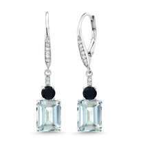 Gem Stone King 925 Sterling Silver Sky Blue Simulated Aquamarine Black Onyx and White Topaz Dangle Earrings for Women (5.26 Cttw, Gemstone Birthstone, Octagon 9X7MM)