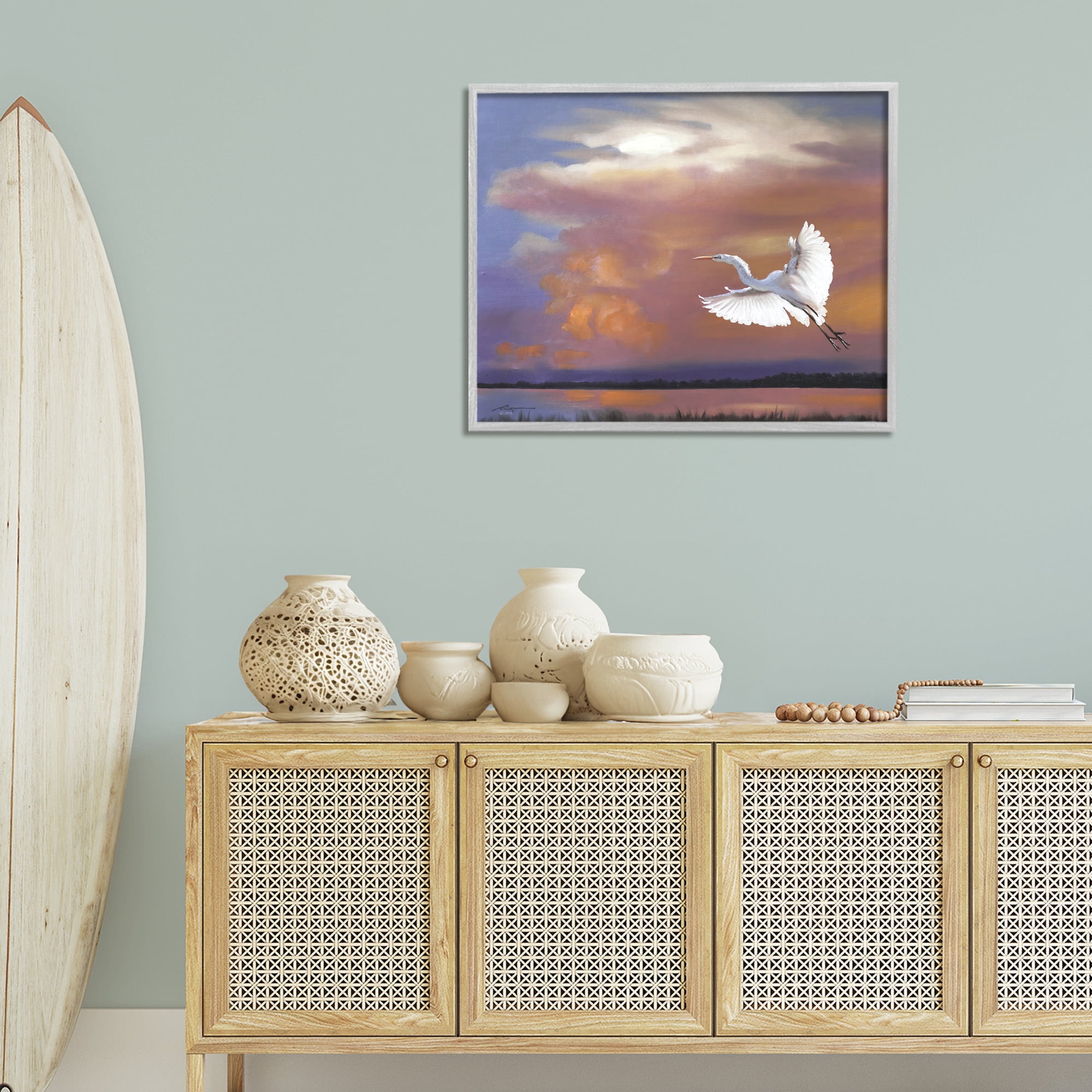 Stupell Industries Heron Flying with Sunset Landscape Painting Gray Framed Art Print Wall Art, 30 x 24