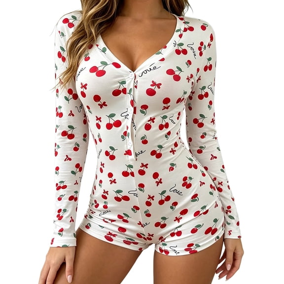 JIAYUE Women Bodysuit Pajamas Long Sleeve V Neck Button Front Cute Print Stretchy Loungewear Romper for Casual Wear