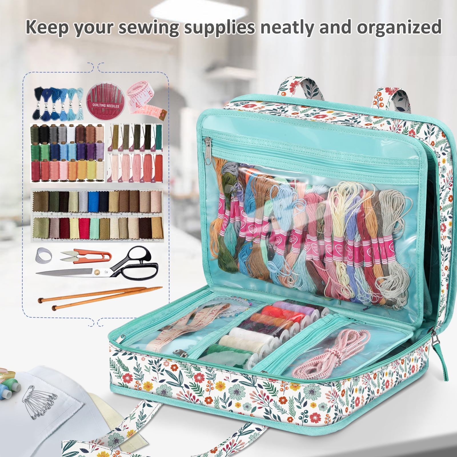 FINPAC Sewing and Craft Supplies Storage Tote, Large Capacity Travel Packing Organizer Bag with Clear Pockets and Handle for Knitting, Crochet, Art, Sewing Accessories, Spring Bloom