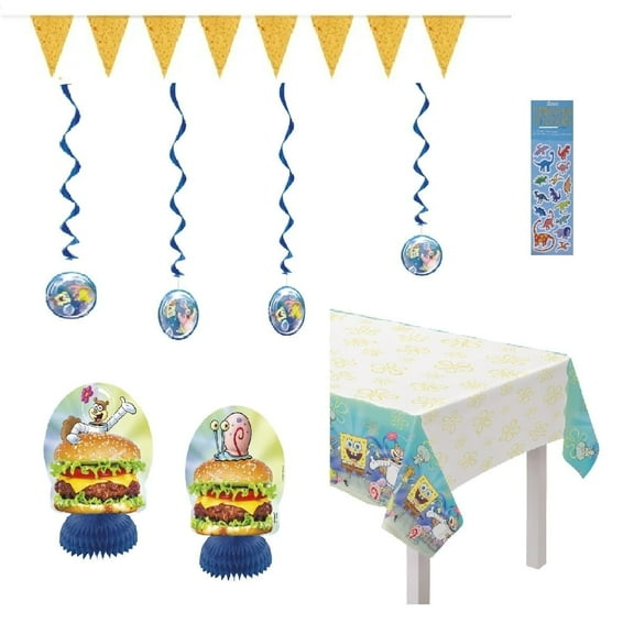 SpongeBob Squarepants Birthday Party Supplies Decoration Bundle Pack includes 7pc Decoration Kit with Table Decorations, Hanging Decorations, Flag , 1 Plastic Table Cover, 1 Dinosasur Sticker Sheet