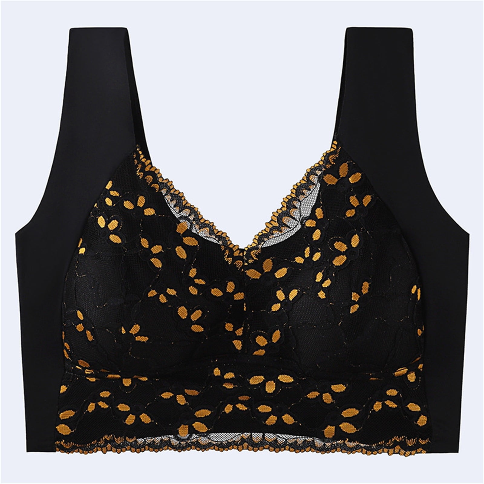 Gymayou Women Wireless Floral Lace Adjustment Bra Lace Push Up Shaping Bra Wide Vest Style Straps Breathable Underarm Smoothing Black M