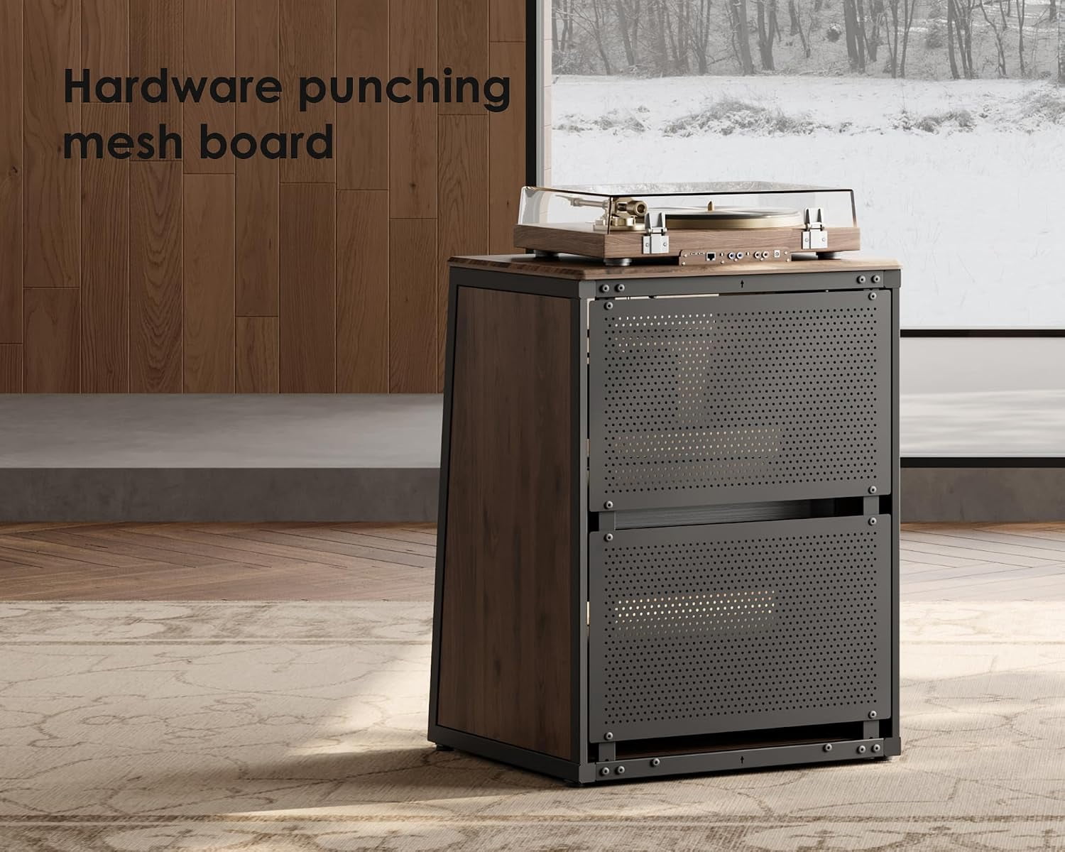 FITUEYES 4-Tier Media Stand with Tempered Glass Doors, Audio Component Cabinet, Dark Wood