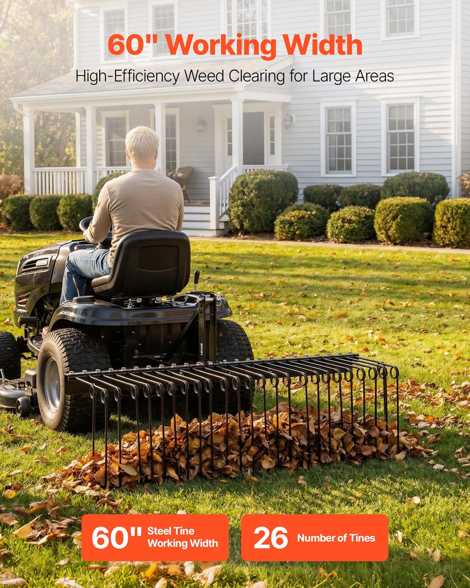 VEVOR 60 in Tow Behind Landscape Rake, 3 Point Hitch Lawn Dethatcher Rake,26 Spring Steel Tines, for Category 1 Tractors, Heavy Duty & Rust-Resistant Rakes Tractor Attachments for Leaves Pine Needles