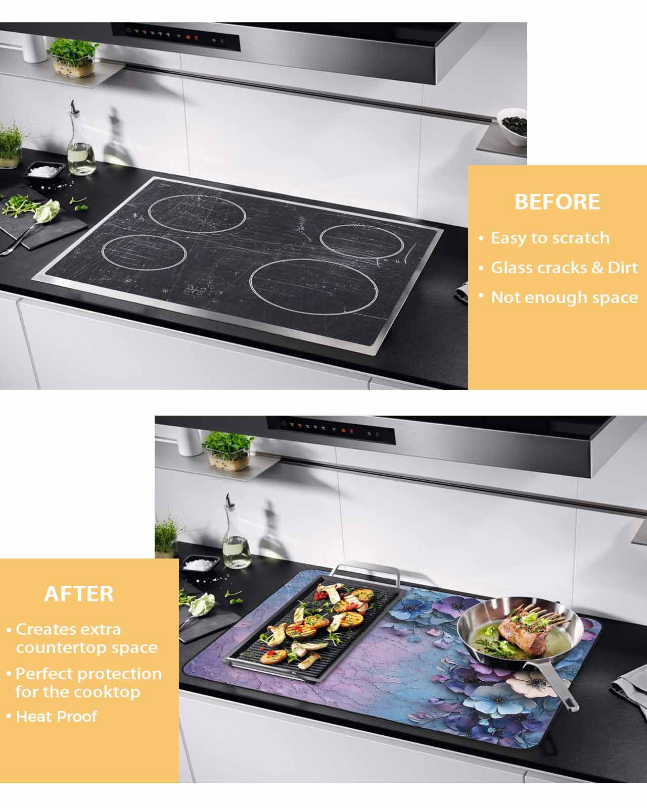 nqOlkjepod Large Induction Cooktop Protector Mat 24"x21", Purple Floral Stove Top Covers for Electric Stove, Retro Flowers Mottled Pastoral Botanical Stove Burner Cover Mats, Glass Top Stove Cover