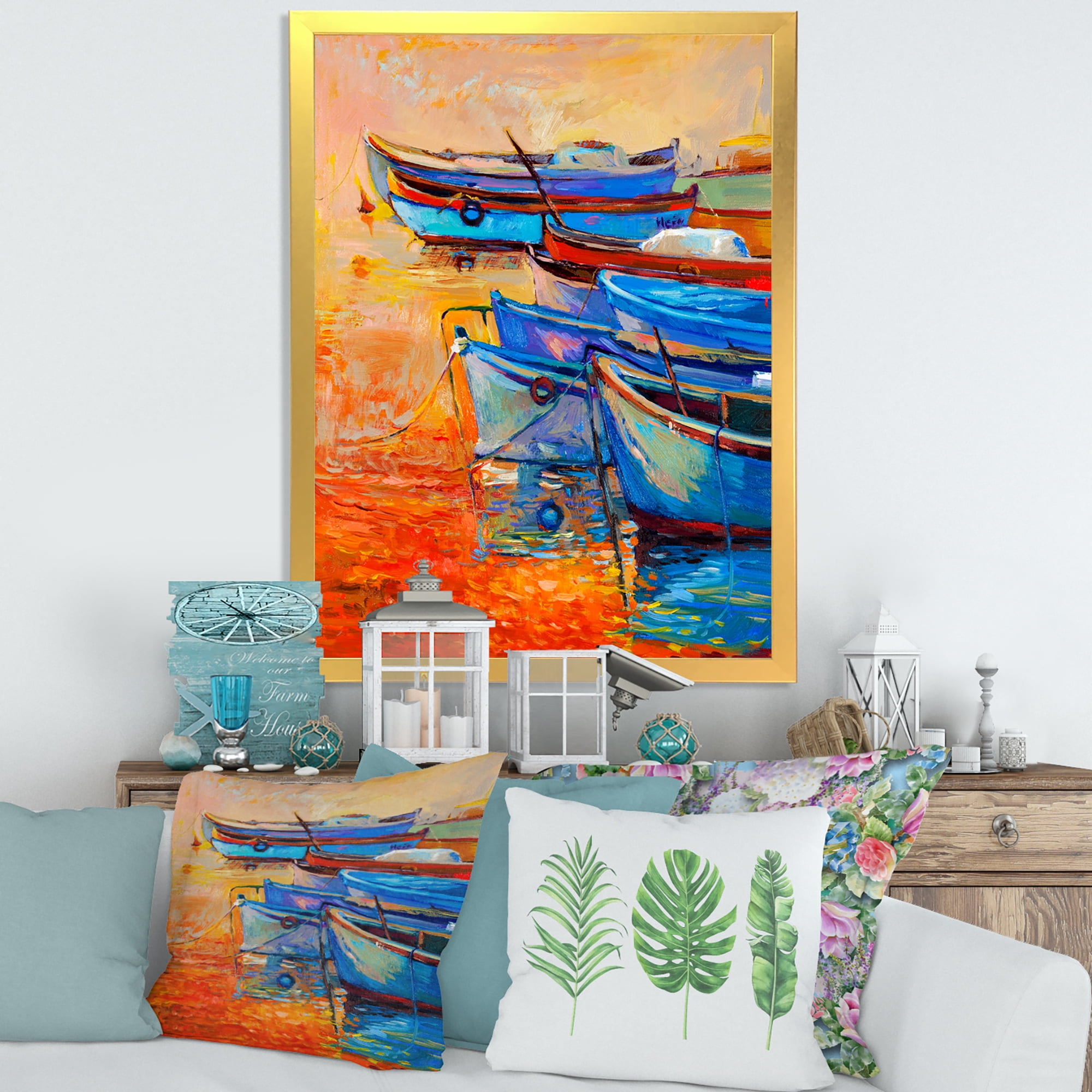 Designart 'Boats During Warm Sunset Resting On The Water VIII' Nautical & Coastal Framed Art Print
